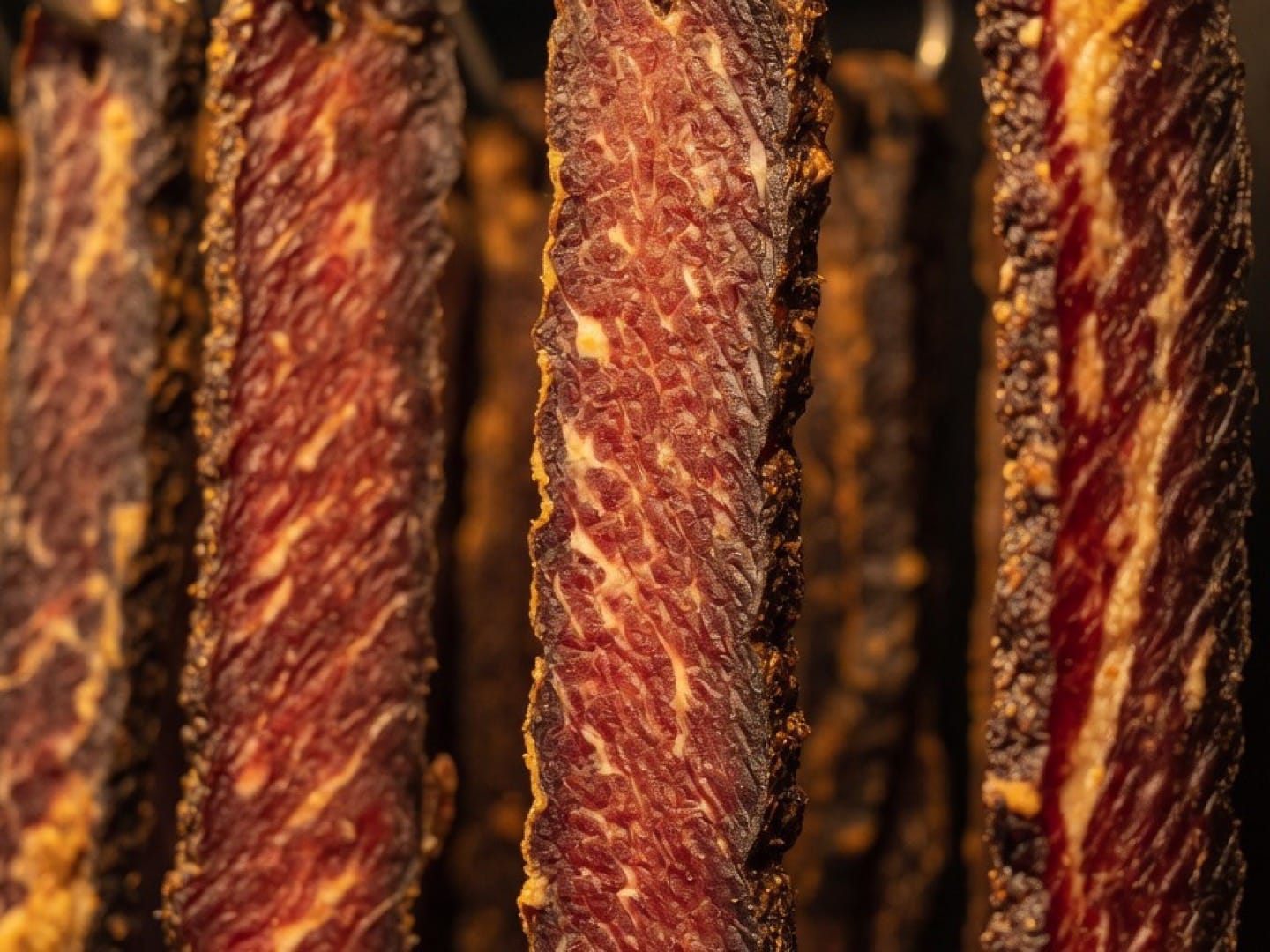 Rows of biltong hanging from steel hooks