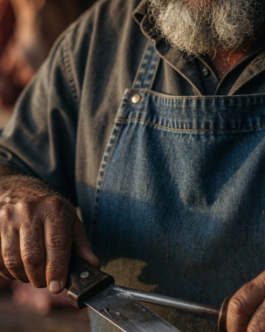 Willem Brandt, a master butcher with a grey beard and denim apron