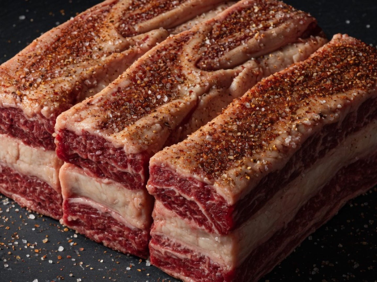 A rack of beef short ribs with spice rub