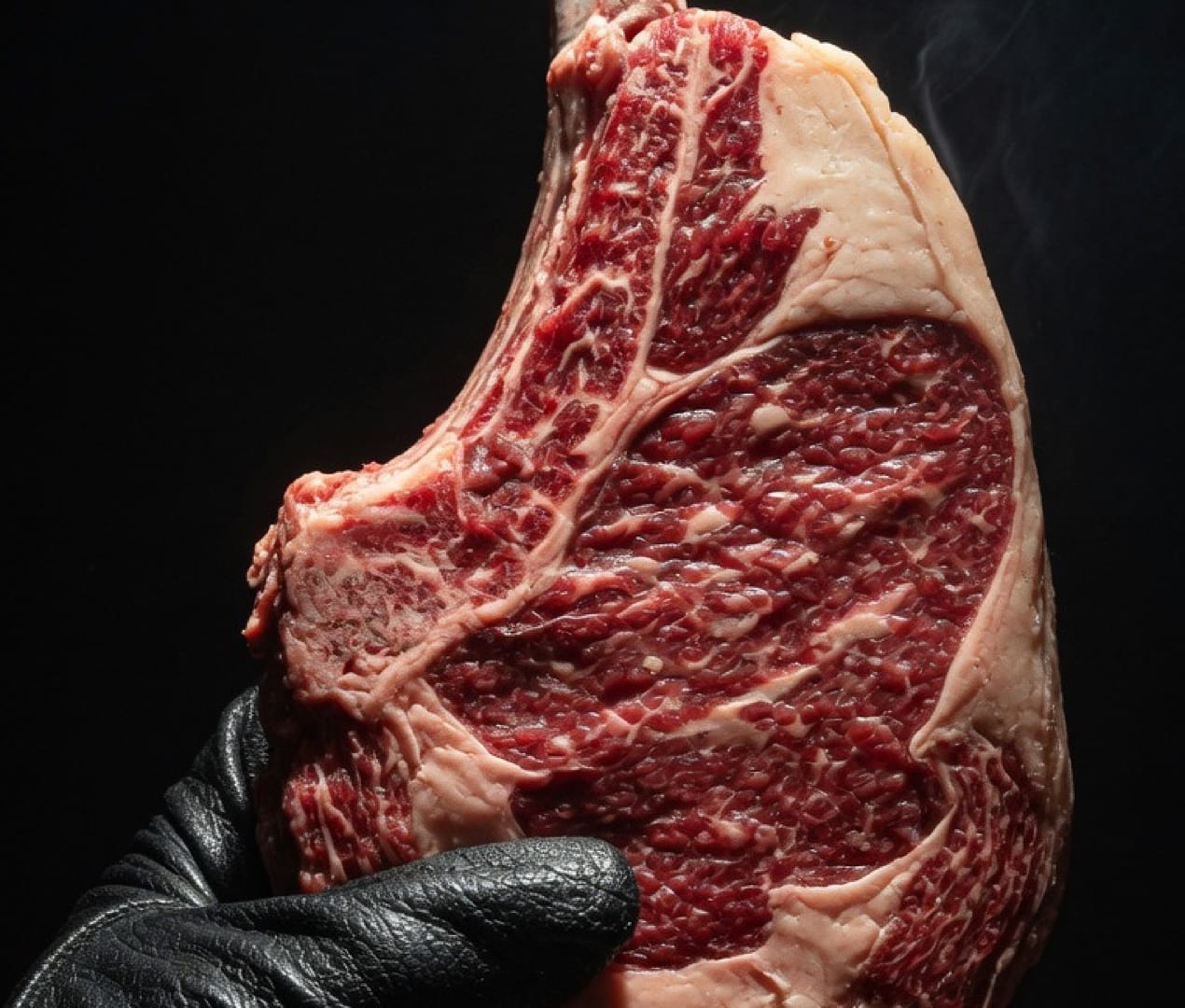 A gloved hand holding up a huge raw tomahawk steak